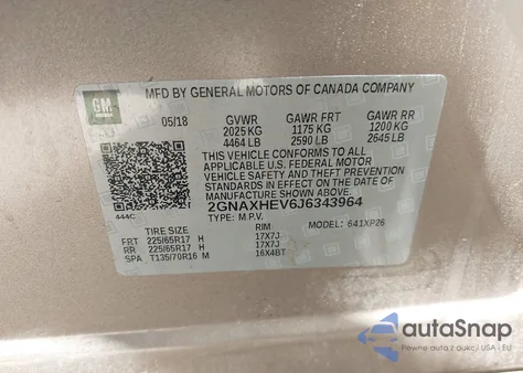2018 Chevrolet Equinox Ls z USA, uszkodzony, nr VIN 2GNAXHEV6J6343964